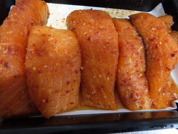 Sweet Chilli salmon fillets at Peets Plaice in Southport